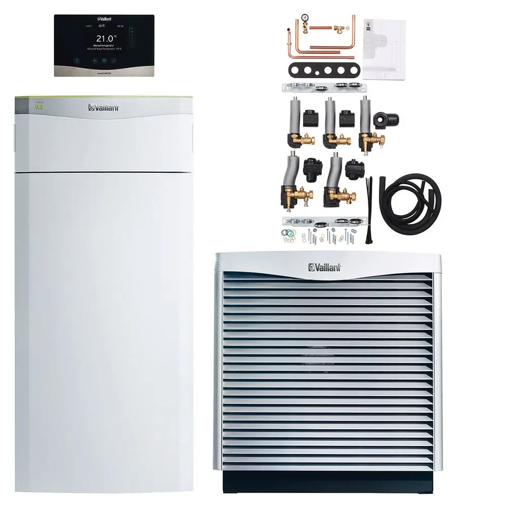 Vaillant Heizsystem mit Innen- und Außeneinheit, Montagezubehör und Steuergerät. Komponenten zur Regelung und Verbindung sind ebenfalls abgebildet.